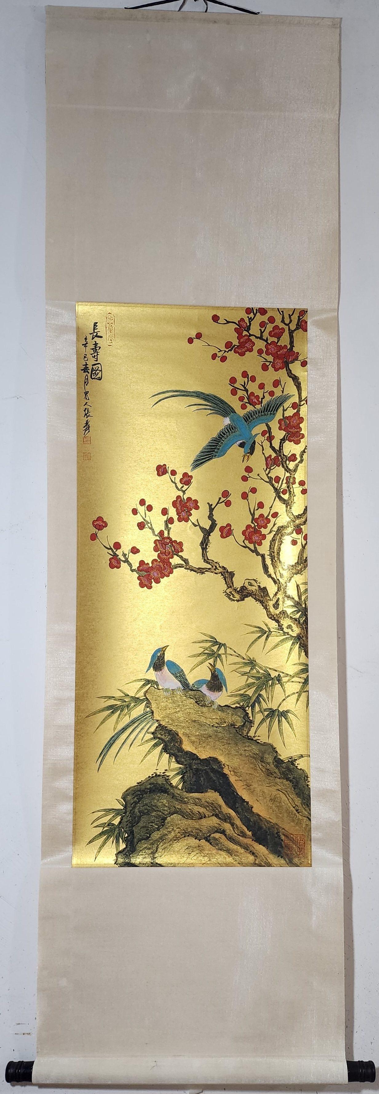This exquisite old Chinese hand-painted scroll by the renowned artist Zhang Daqian features delicate birds and vibrant flowers, showcasing his signature brushwork and mastery of traditional Chinese painting techniques. The intricate detailing and
