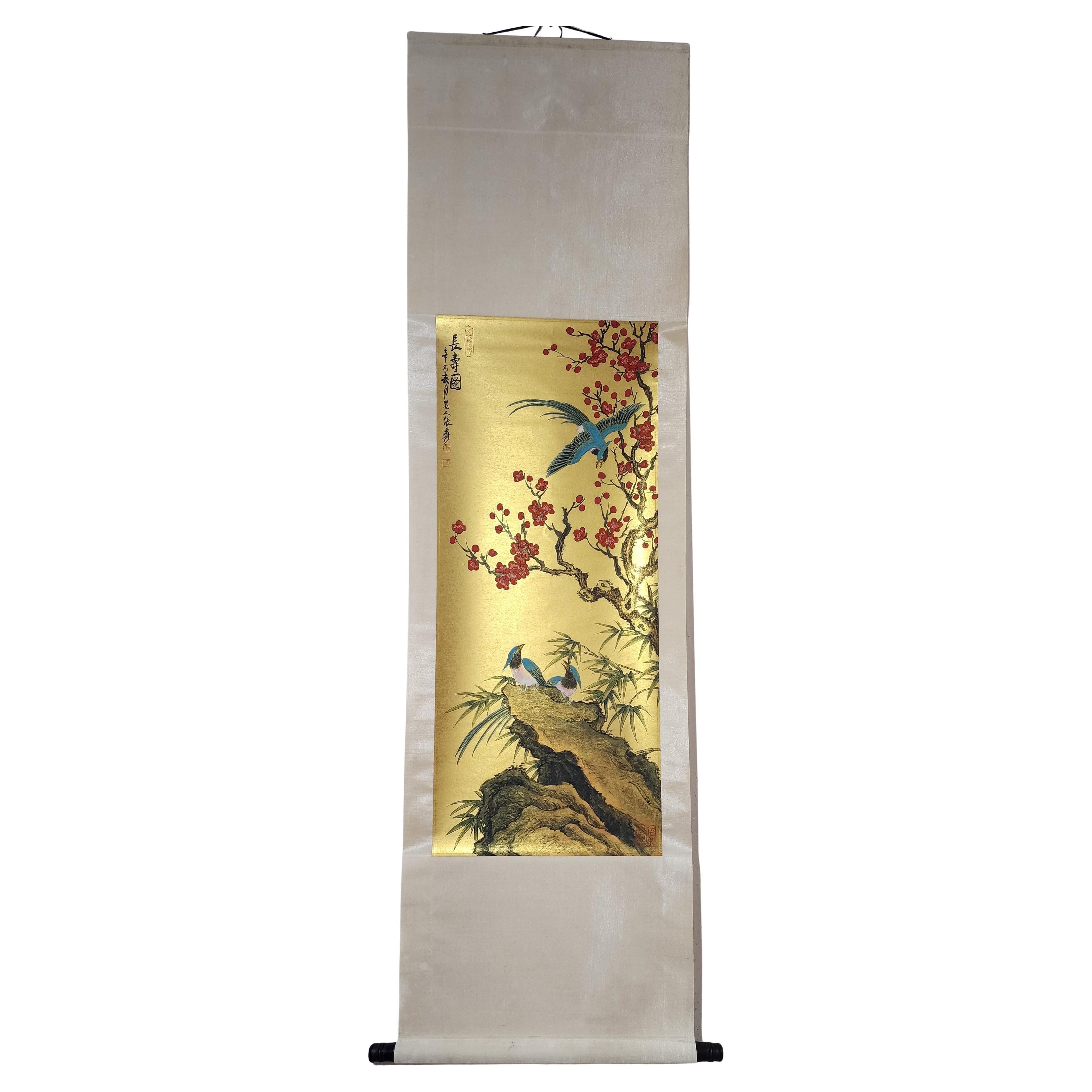 Old Chinese Zhang Daqian Hand Painting Birds Flowers Paper Wall Decoration For Sale