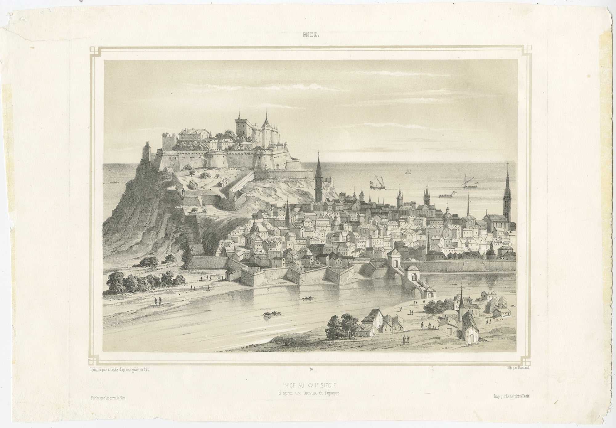Antique print titled 'Nice au XVIIe Siecle d'apres une Gravure de l'Epoque'. Original antique print of the city of Nice, France. This print originates from the series 'Nice et ses environs', published 1855.

Artists and Engravers: Published by