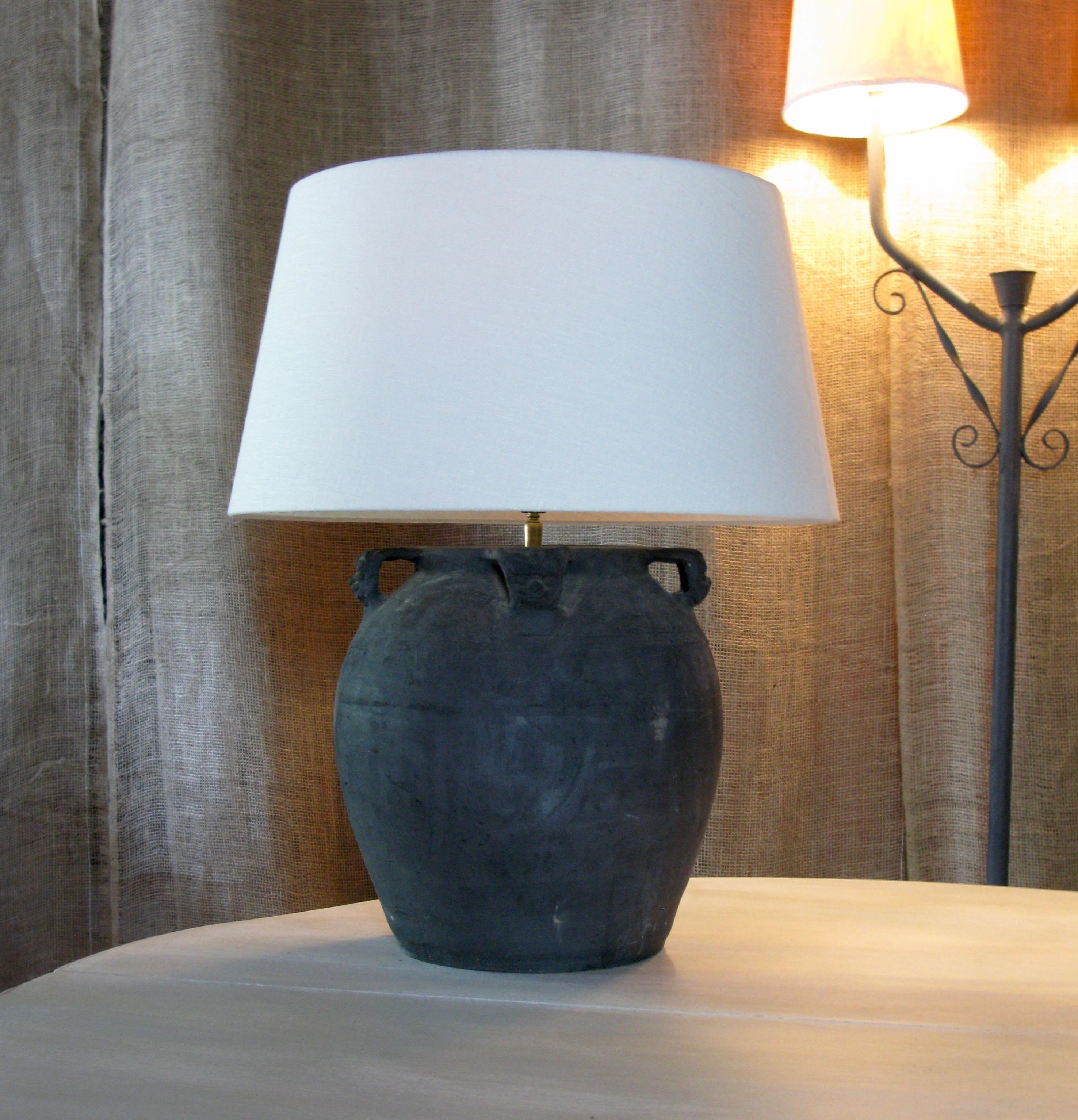 Chinese Old Clay Pot, lamp, lamp with linen shade