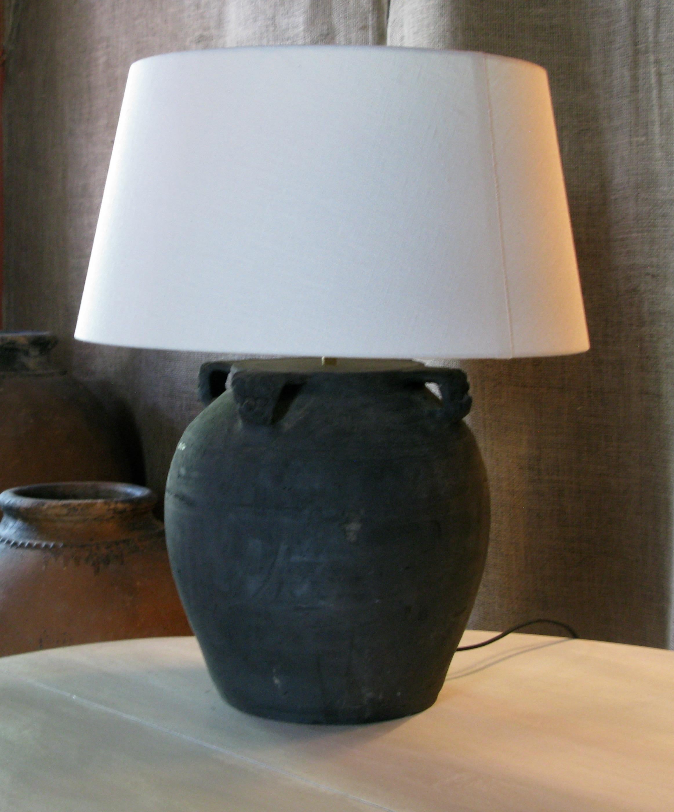 Blackened Old Clay Pot, lamp, lamp with linen shade