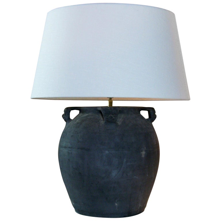 Old Clay Pot, Lamp, Lamp with Linen Shade at 1stDibs