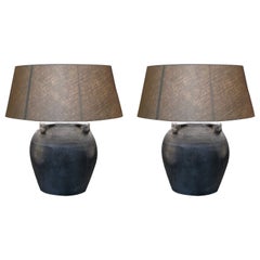 Clay Pot, Lamp, Lamp with Linen Shade, Lamps, Pair of Lamps