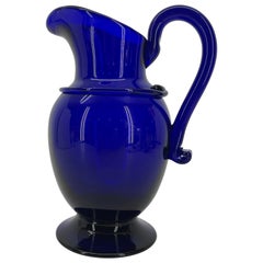 Old Cobalt Blue Glass Pitcher with Large Handle, Scandinavian, Circa 1900