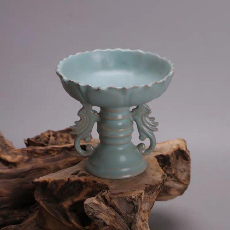 This Old Collection of Chinese Ru Kiln Double Phoenix Lotus Candle Stick is a rare and exquisite piece of antique Chinese porcelain, showcasing the legendary craftsmanship of the Ru Kiln, one of the most esteemed ceramic traditions in Chinese