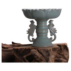 Old Collection of Chinese Ru Kiln Double Phoenix Lotus Candle Stick