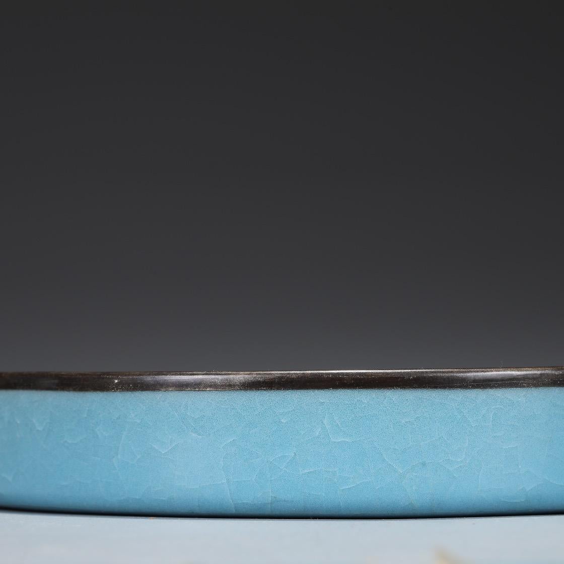19th Century Old Collection of Ice Blue Cracking Glazing Silver Mouth And Mark Plate  For Sale