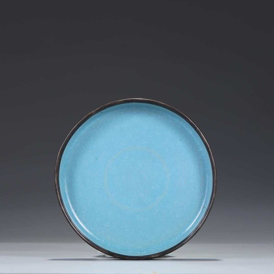 Old Collection of Ice Blue Cracking Glazing Silver Mouth And Mark Plate For Sale 2