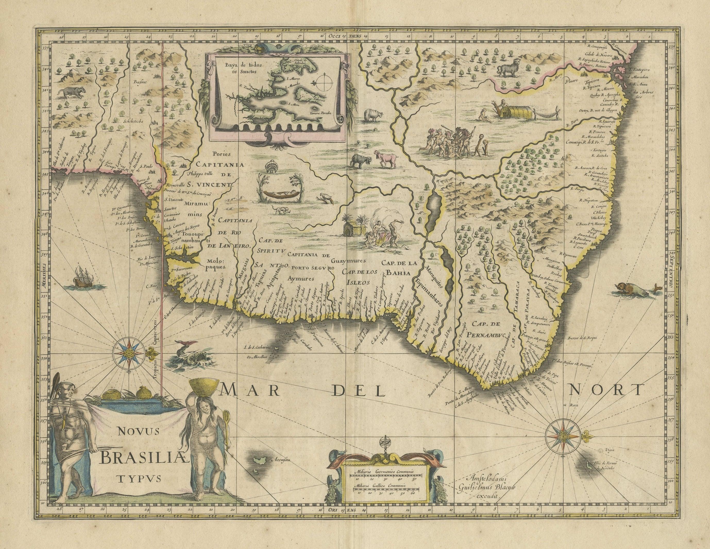 Antique map titled 'Novus Brasiliae Typus'. Fine old color example of Blaeu's first map of Brazil, with north oriented to the right. Includes inset map of Baya de todos Santos, elaborate cartouche, 2 compass roses and richly embellished vignettes of