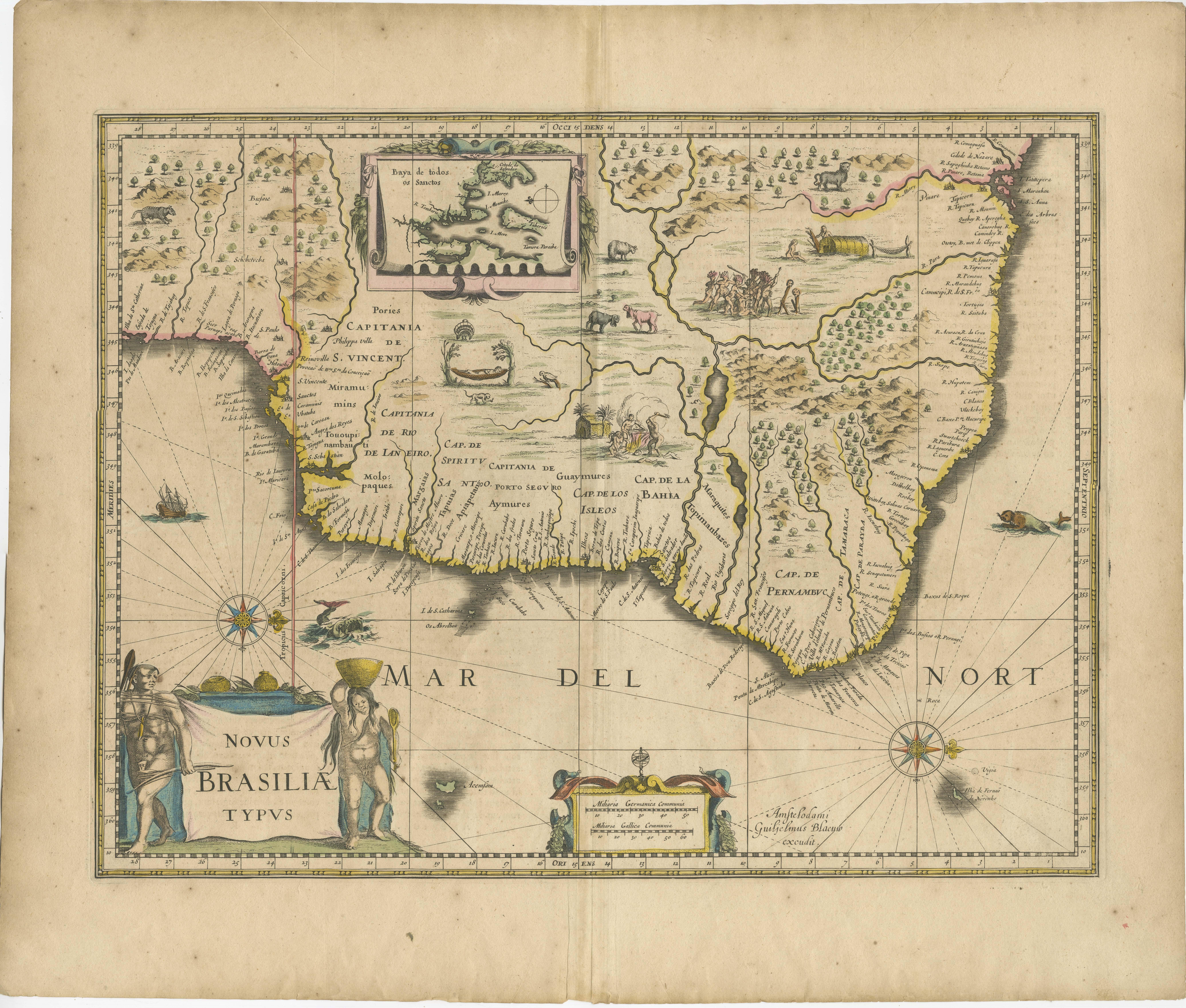 Engraved Old Color Engraving of Blaeu's first Map of Brazil, North Oriented to the Right For Sale