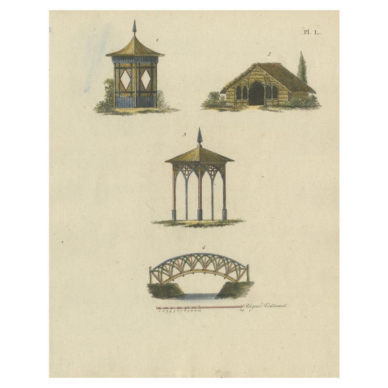 Impression ancienne de l'architecture de jardin en couleur par Van Laar, 1802 en vente
