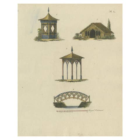 Old Colored Antique Print of Garden Architecture by Van Laar, 1802