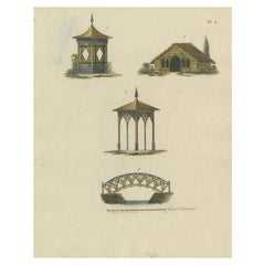 Old Colored Antique Print of Garden Architecture by Van Laar, 1802