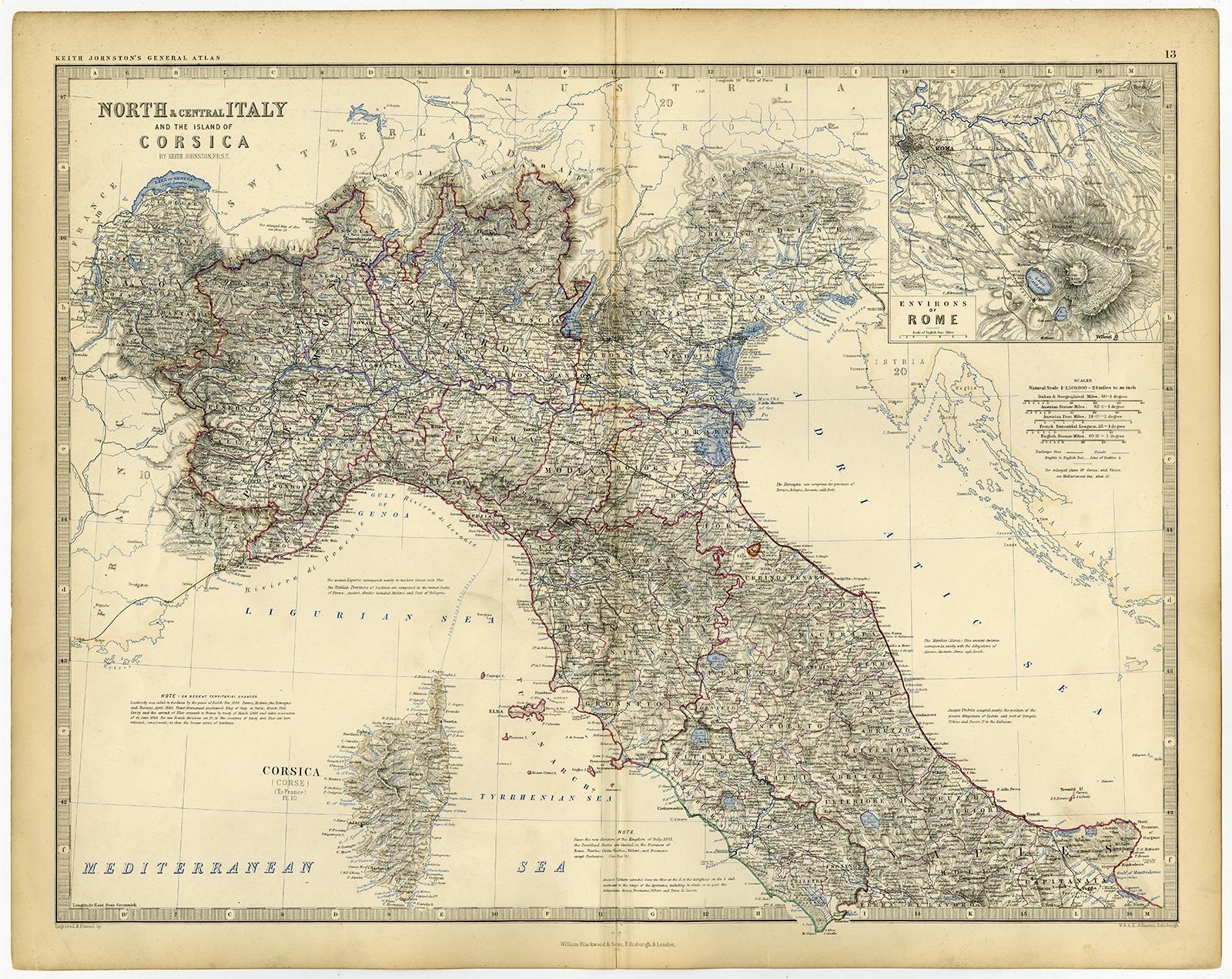 Antique map titled 'North & Central Italy and the Island of Corsica'. 

Old map of North and Central Italy, and the island of Corsica. With an inset map of the region of Rome. Originates from 'The Royal Atlas Of Modern Geography Exhibiting, In A