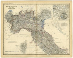 Old Coloure Map of North & Central Italy & Corsica with an Inset of Rome, c.1860