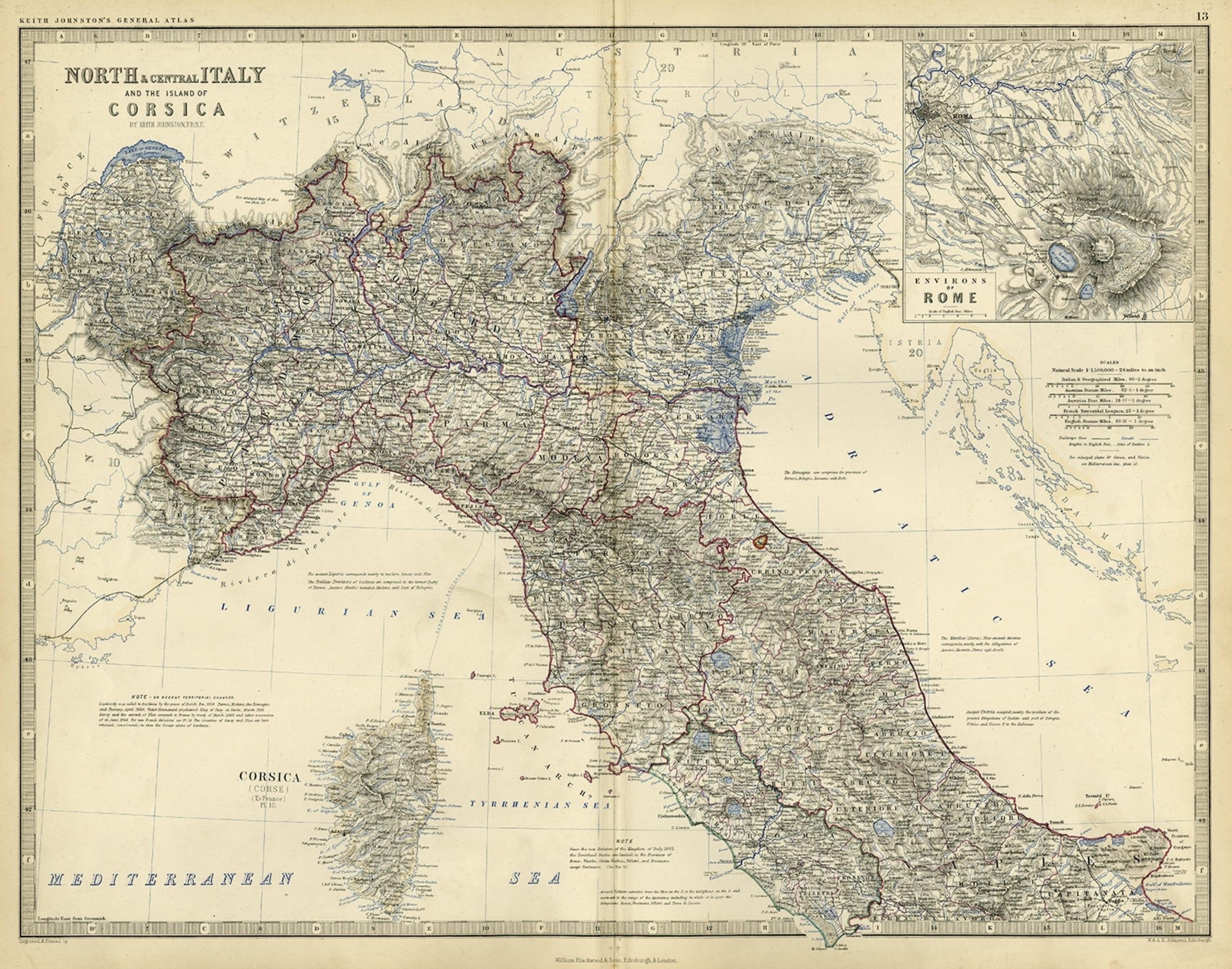 Ancienne carte couleur d'Italie du Nord et du Central et de Corsica avec un encadrement de Rome, vers 1860 Bon état - En vente à Langweer, NL