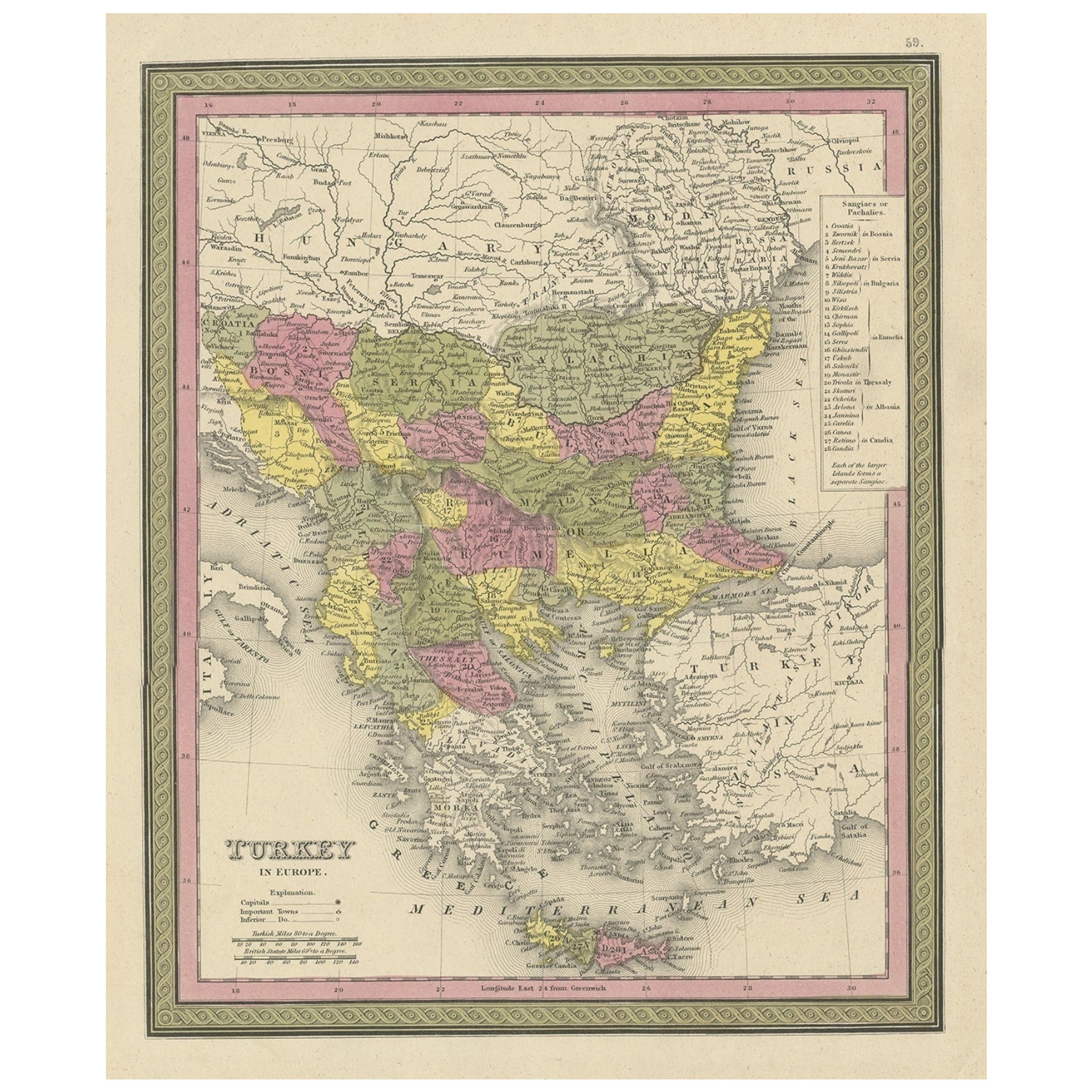 Vecchia mappa decorativa colorata della Turchia in Europa, 1846
