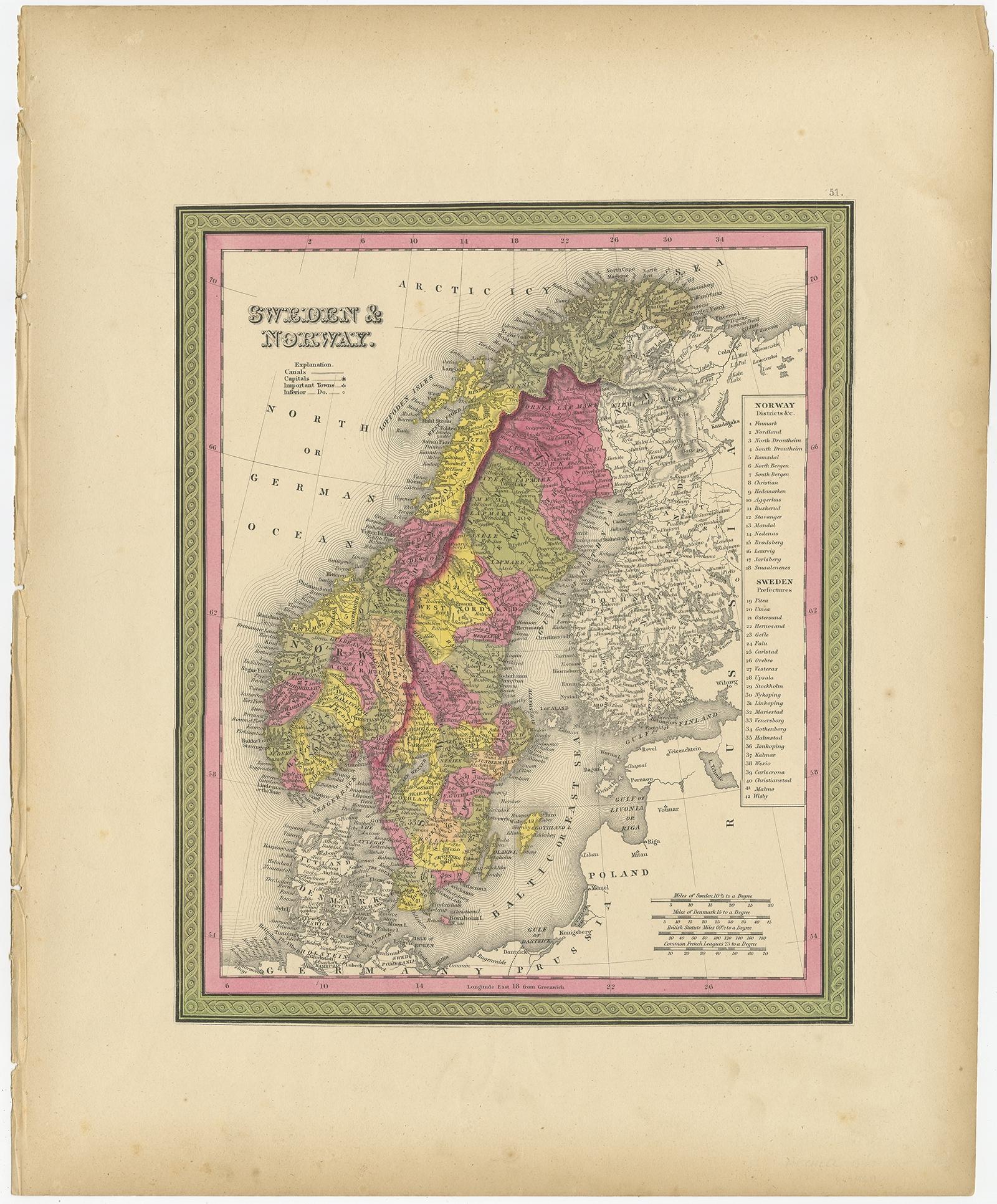 Antique map titled 'Sweden & Norway'. Old map of Sweden and Norway. 

This map originates from 'A New Universal Atlas Containing Maps of the various Empires, Kingdoms, States and Republics Of The World (..) by S.A. Mitchell. 

Artists and