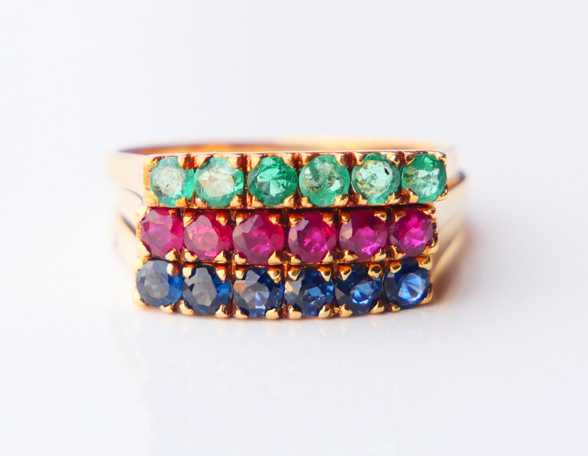 Bague Ancienne Combinaison Saphir Rubis Emeraude massif Or 18K Taille Ø 6.75US / 7.45gr en vente 5