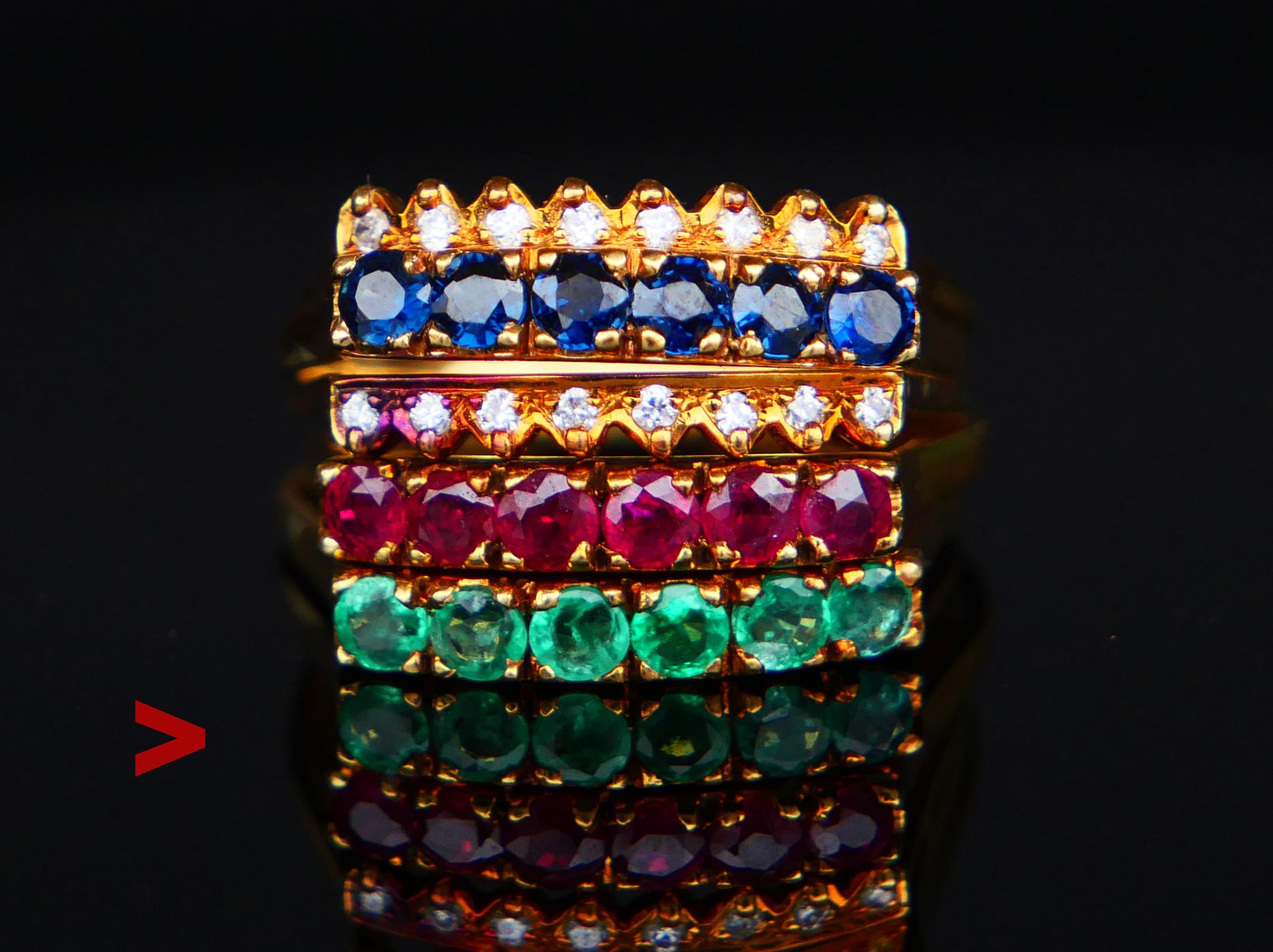 Un ensemble de quatre anneaux assortis en or jaune massif 18K qui permet de créer des combinaisons de pierres précieuses de différentes couleurs.  . 

Probablement de fabrication allemande vers les années 1920-1930. 1920 - 1930. Chaque bague porte