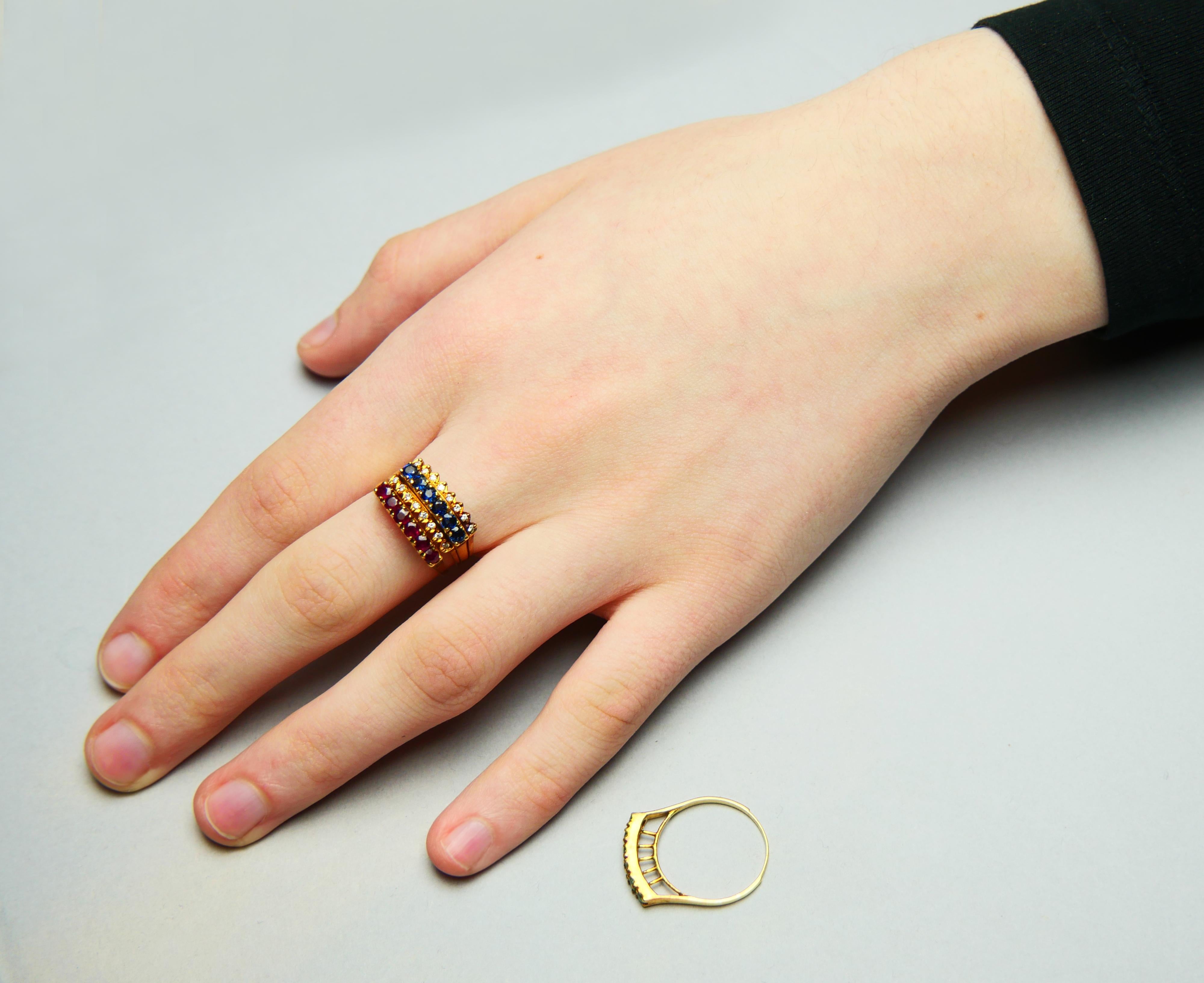 Bague Ancienne Combinaison Saphir Rubis Emeraude massif Or 18K Taille Ø 6.75US / 7.45gr en vente 3