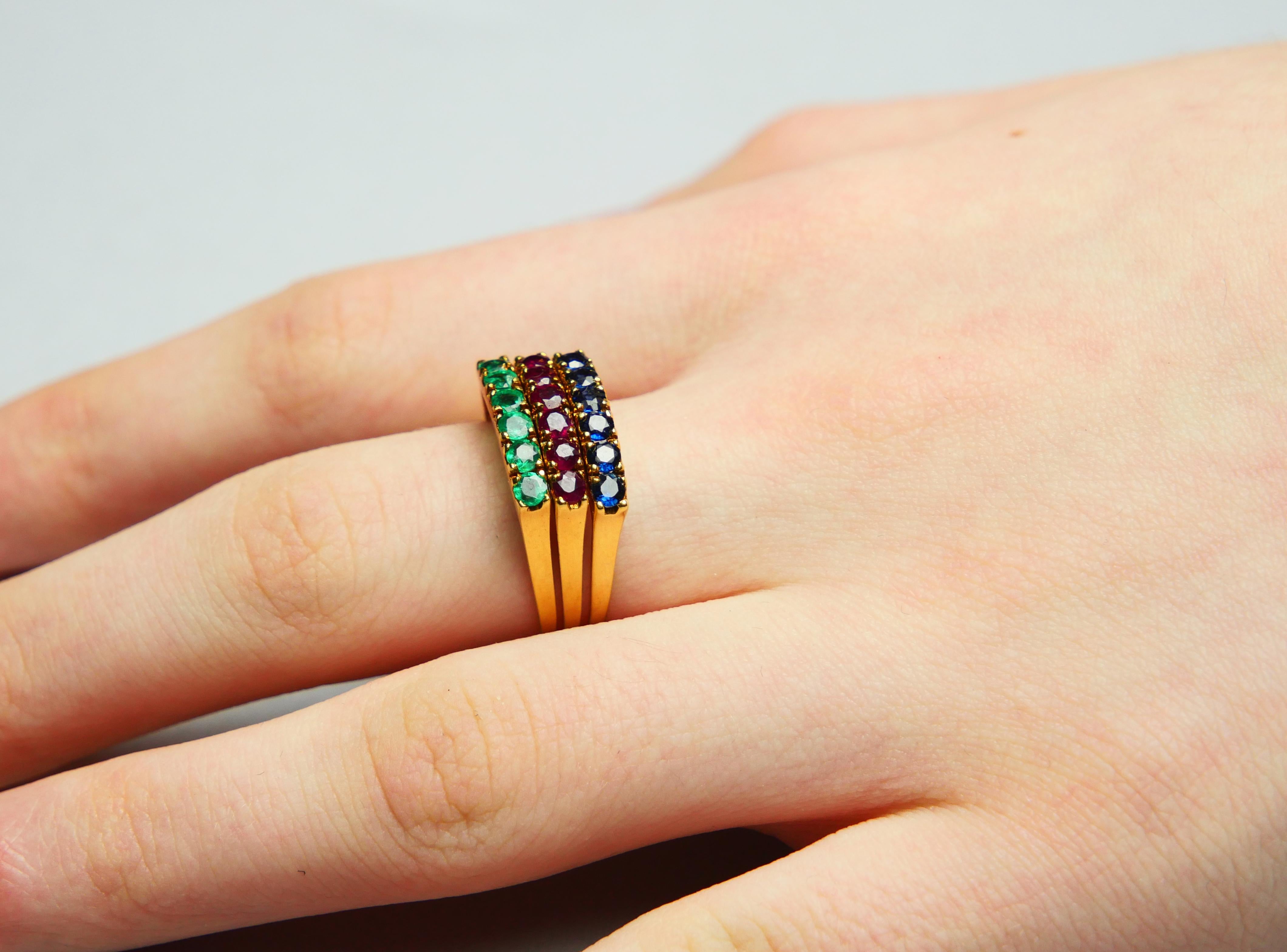 Bague Ancienne Combinaison Saphir Rubis Emeraude massif Or 18K Taille Ø 6.75US / 7.45gr en vente 4