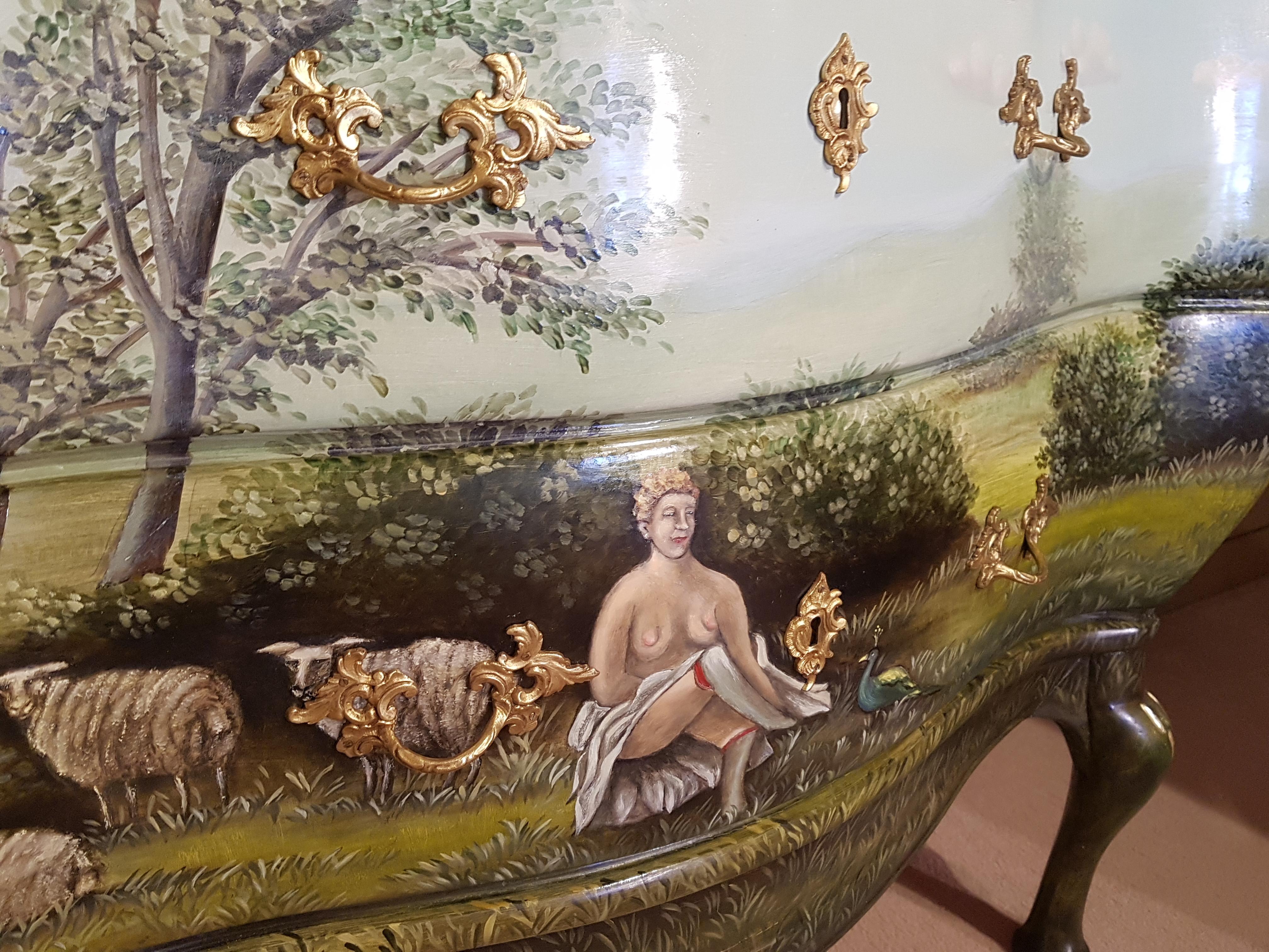 Pine Old Commode with Landscape from 1930 For Sale