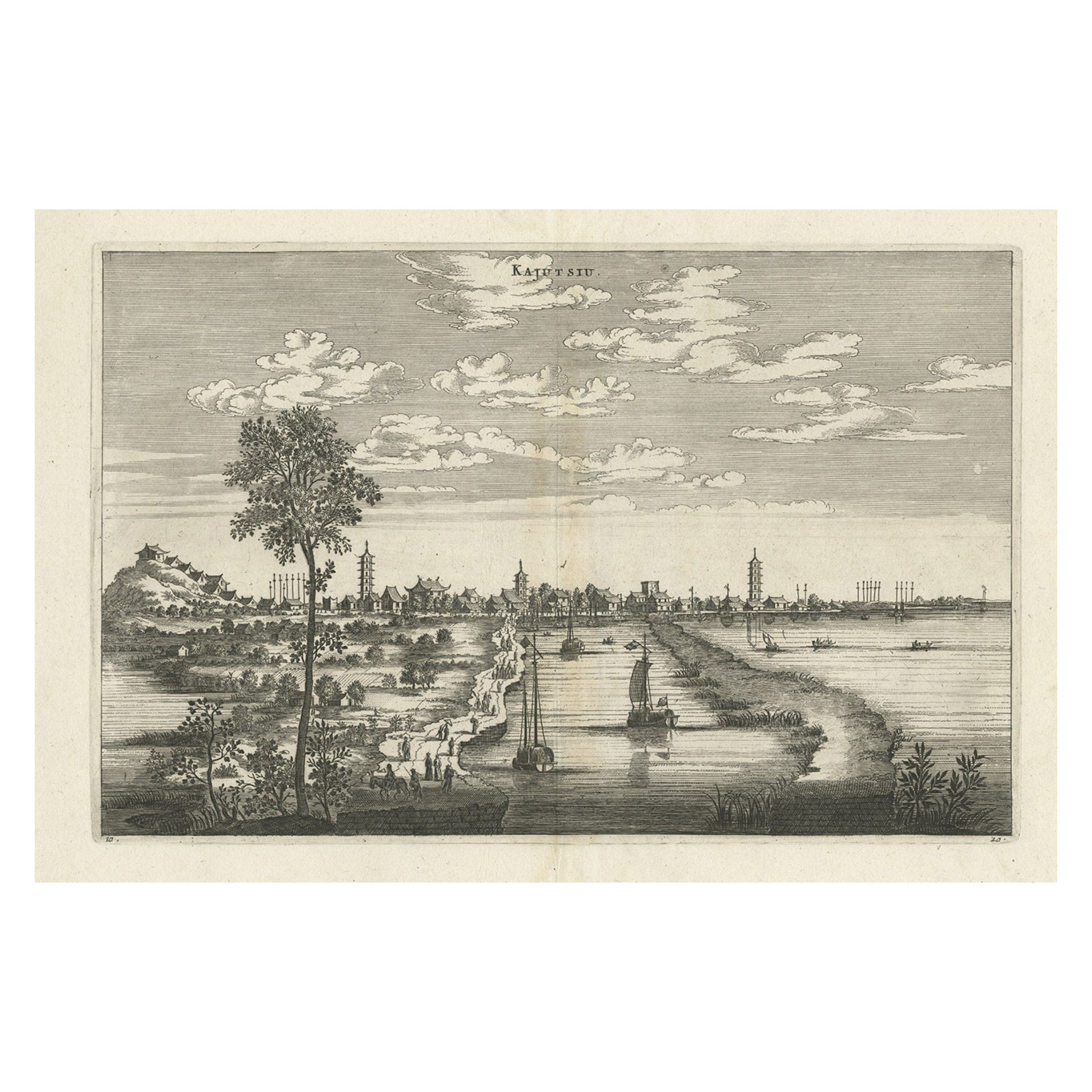 Antica incisione in rame della città di Kajutsiu in Cina, 1668