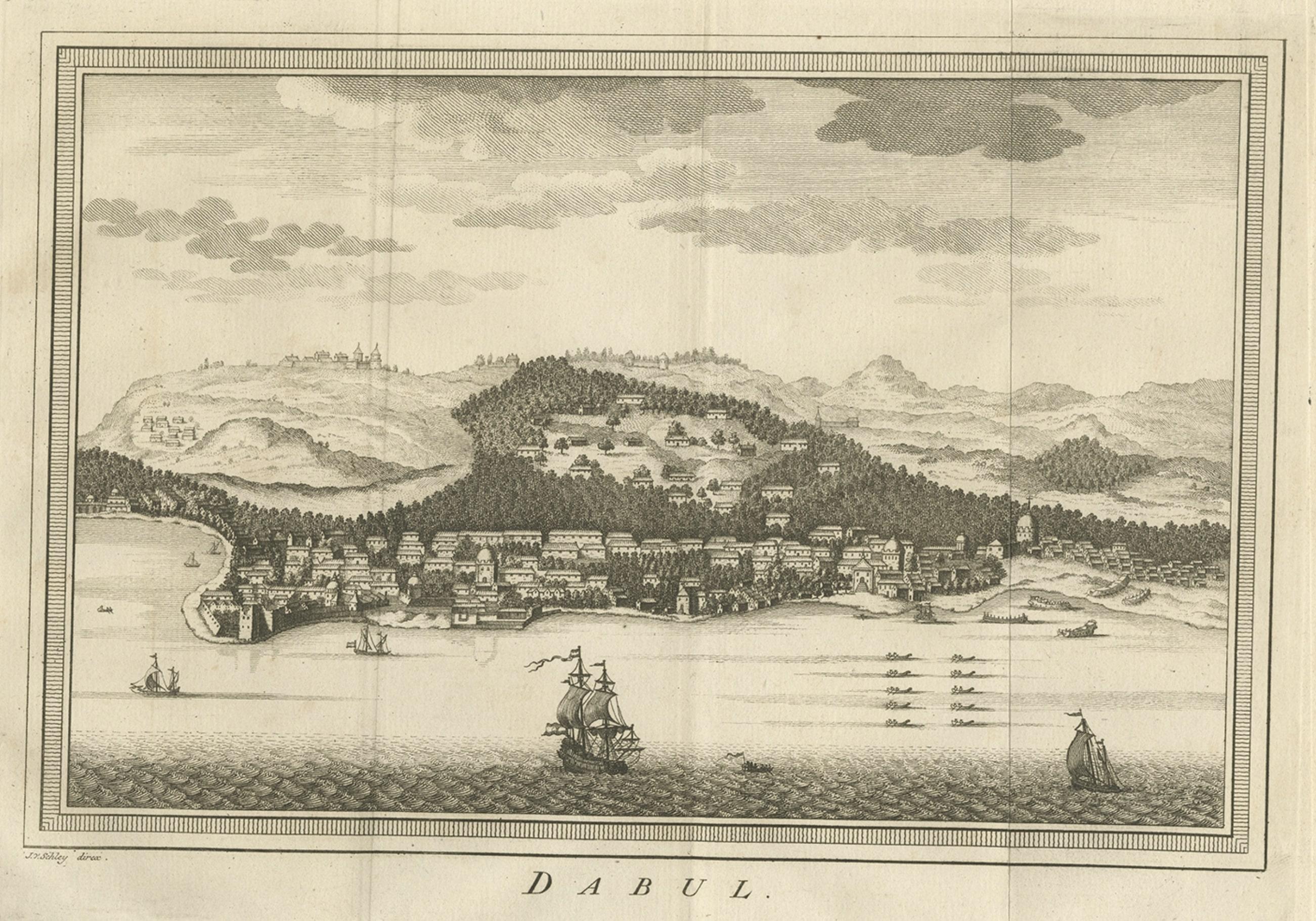 Old Copper Engraving of the Port City Dabhol in India, 1757 In Good Condition For Sale In Langweer, NL
