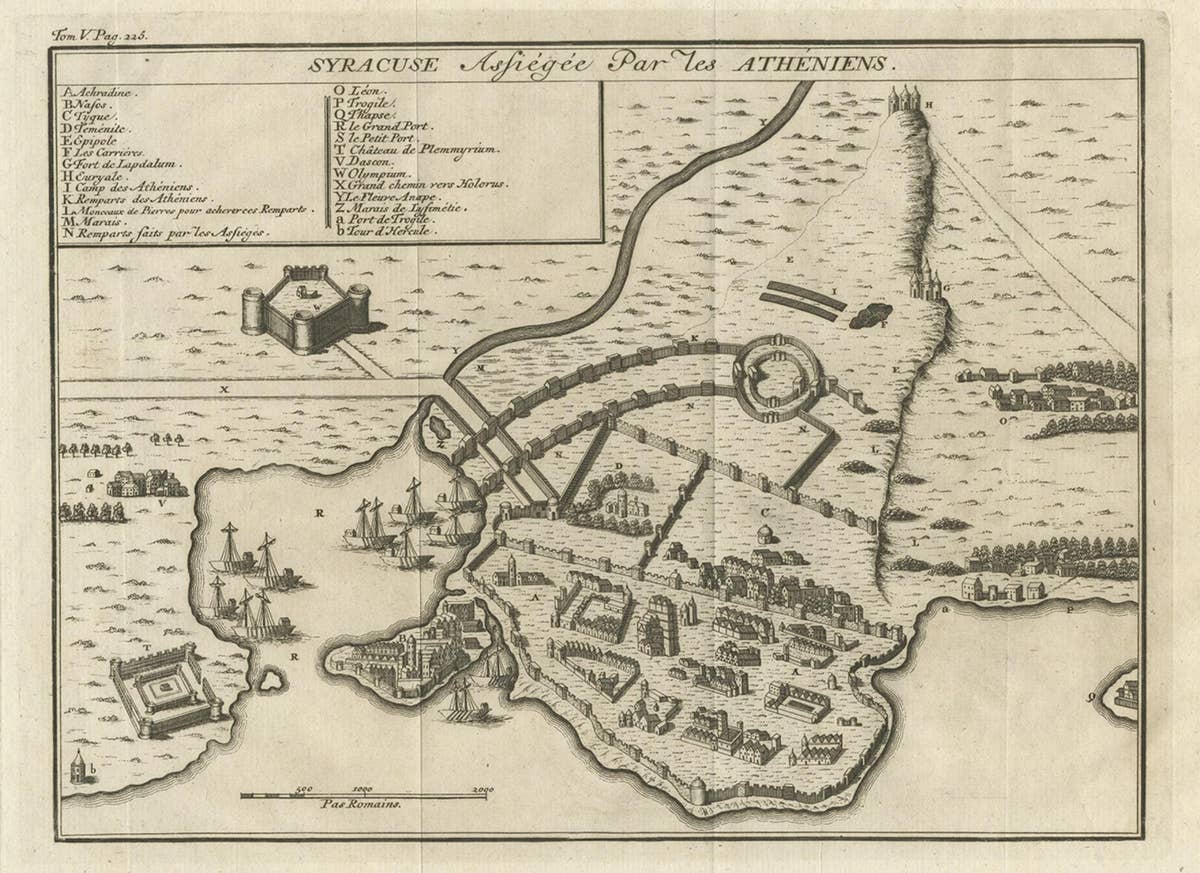 Old Copper Engraving of the Siege of Syracuse, Sicily, Italy, Published, ca.1740