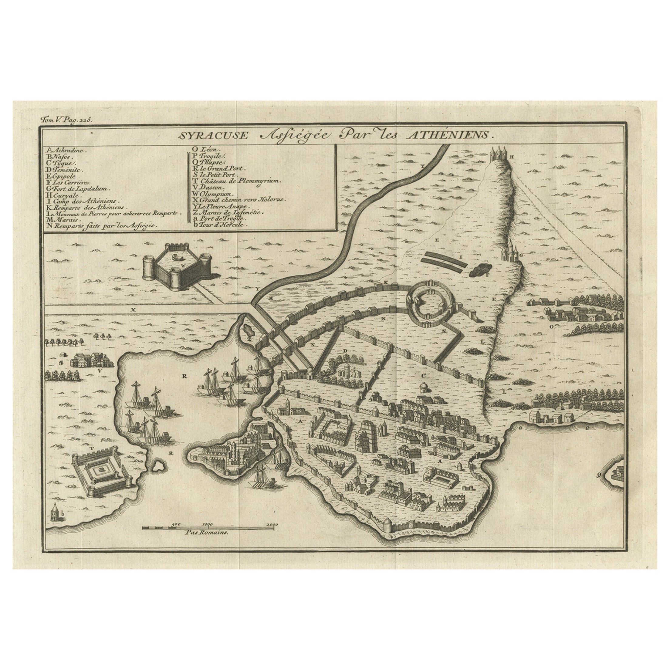Antica incisione in rame dell'assedio di Siracusa, Sicilia, Italia, pubblicata nel 1740 ca.