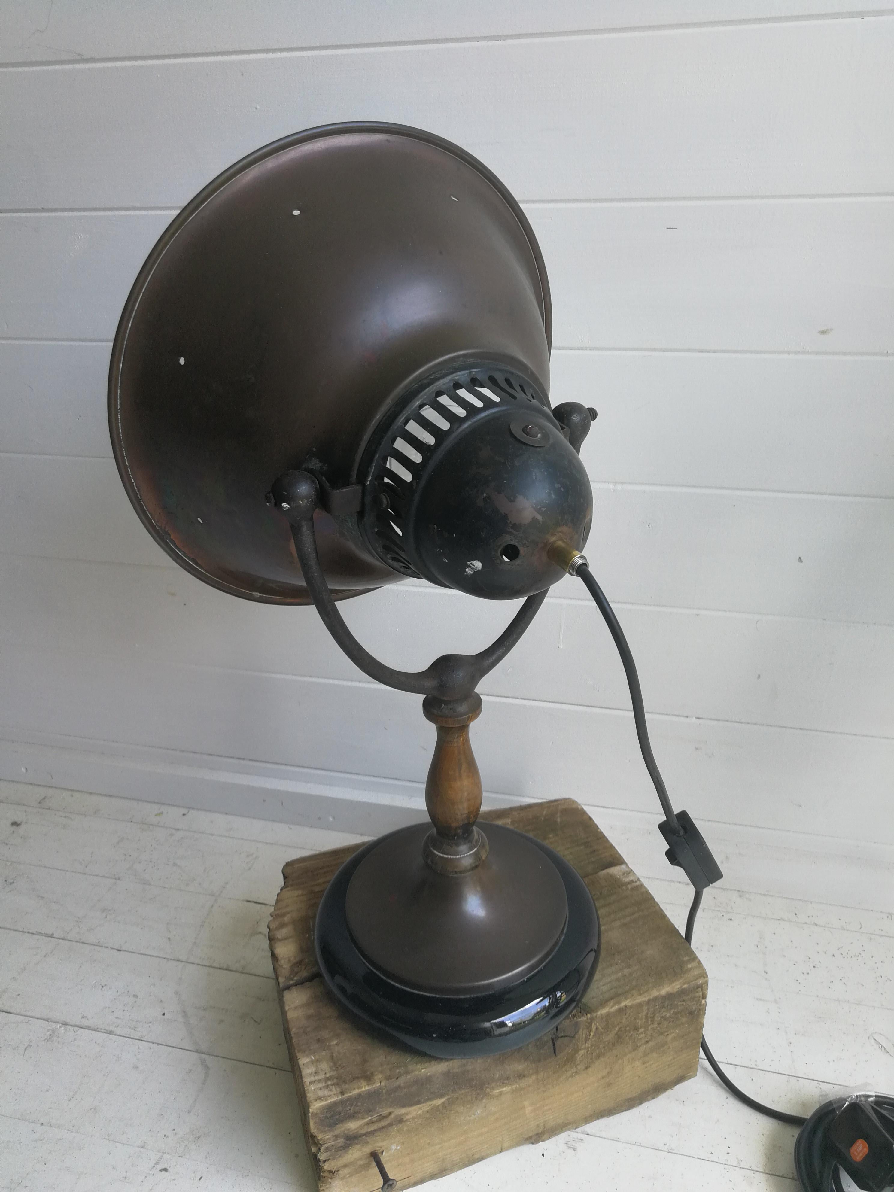 Ceramic Old Copper Heat Lamp Converted, 1900s, Glazed Base Industrial Table Lamp For Sale