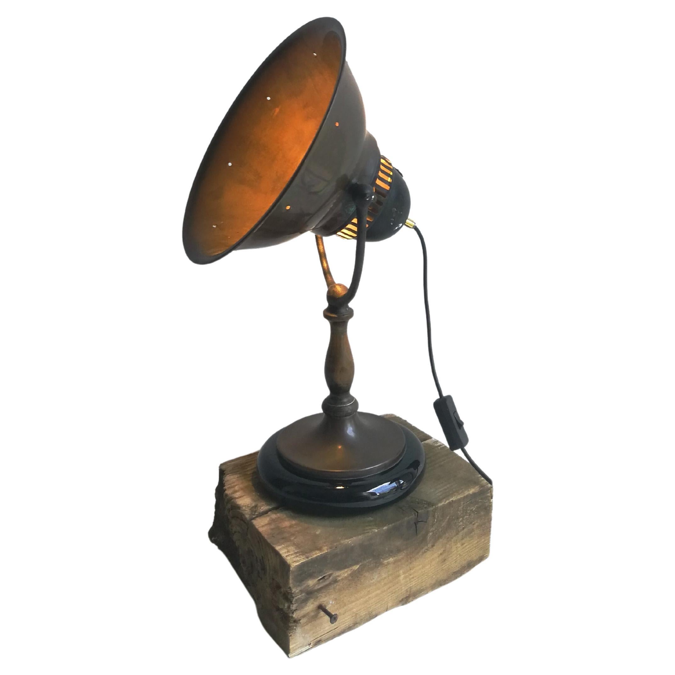 Old Copper Heat Lamp Converted, 1900s, Glazed Base Industrial Table Lamp For Sale