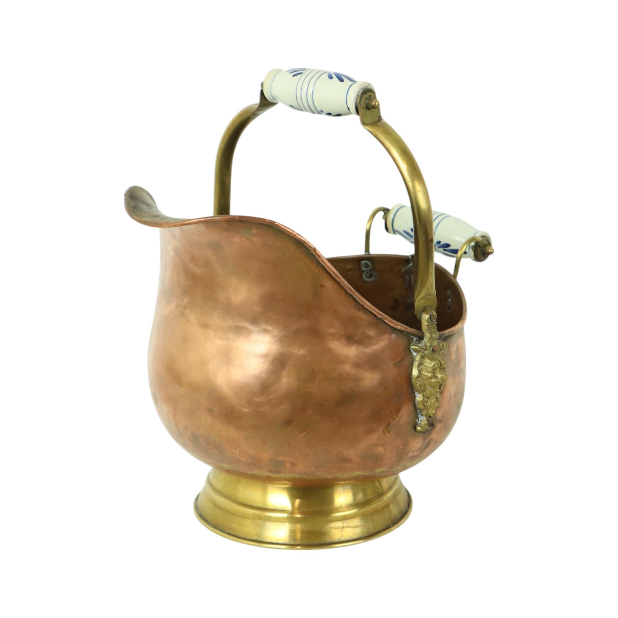 Art Nouveau Old Copper Helmet Shaped Coal Kit Lion Heads Ceramics Delft For Sale