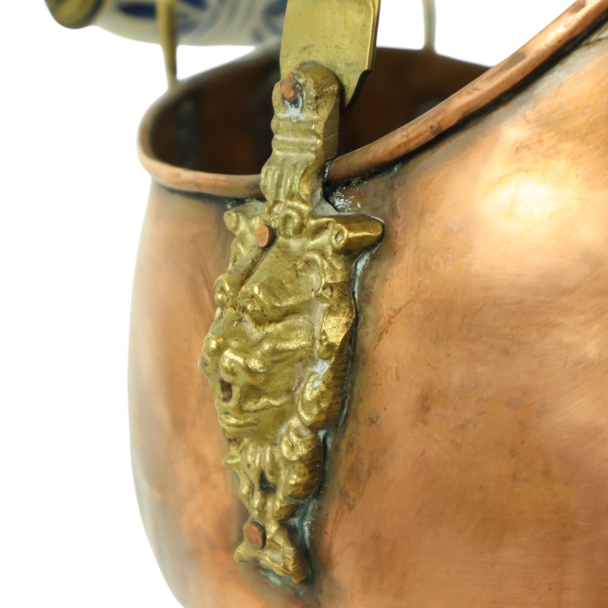 20th Century Old Copper Helmet Shaped Coal Kit Lion Heads Ceramics Delft For Sale