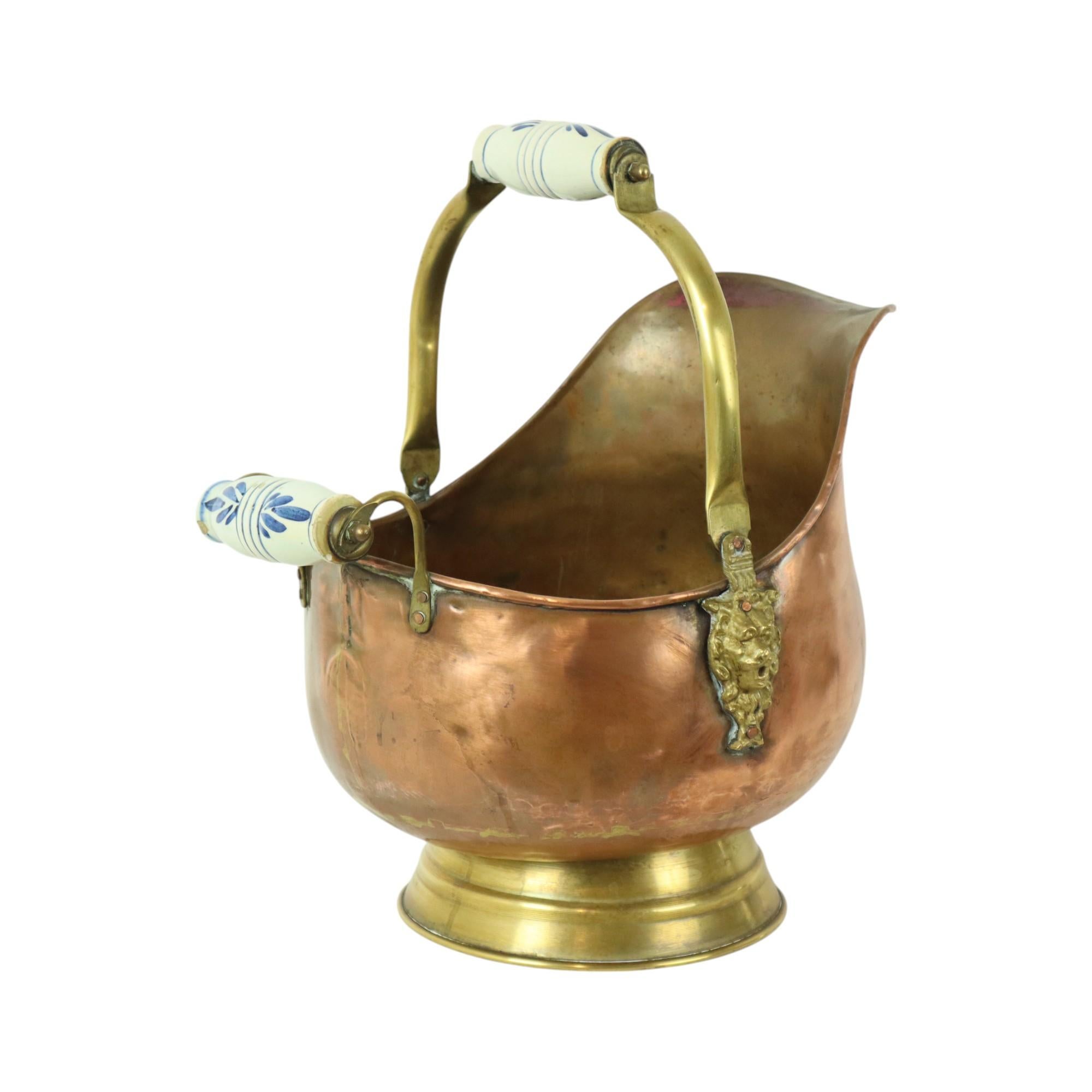 Brass Old Copper Helmet Shaped Coal Kit Lion Heads Ceramics Delft For Sale