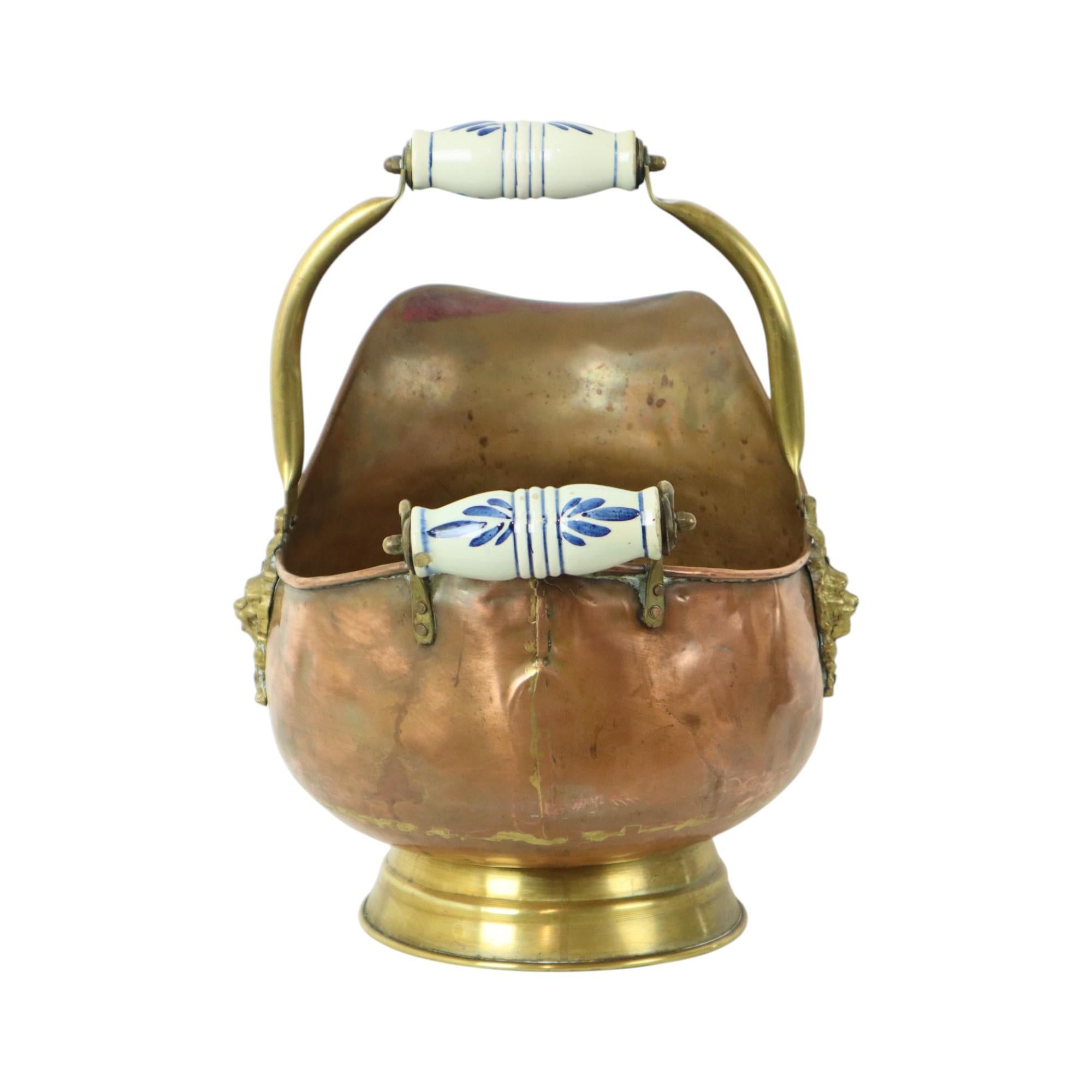 Old Copper Helmet Shaped Coal Kit Lion Heads Ceramics Delft For Sale 1