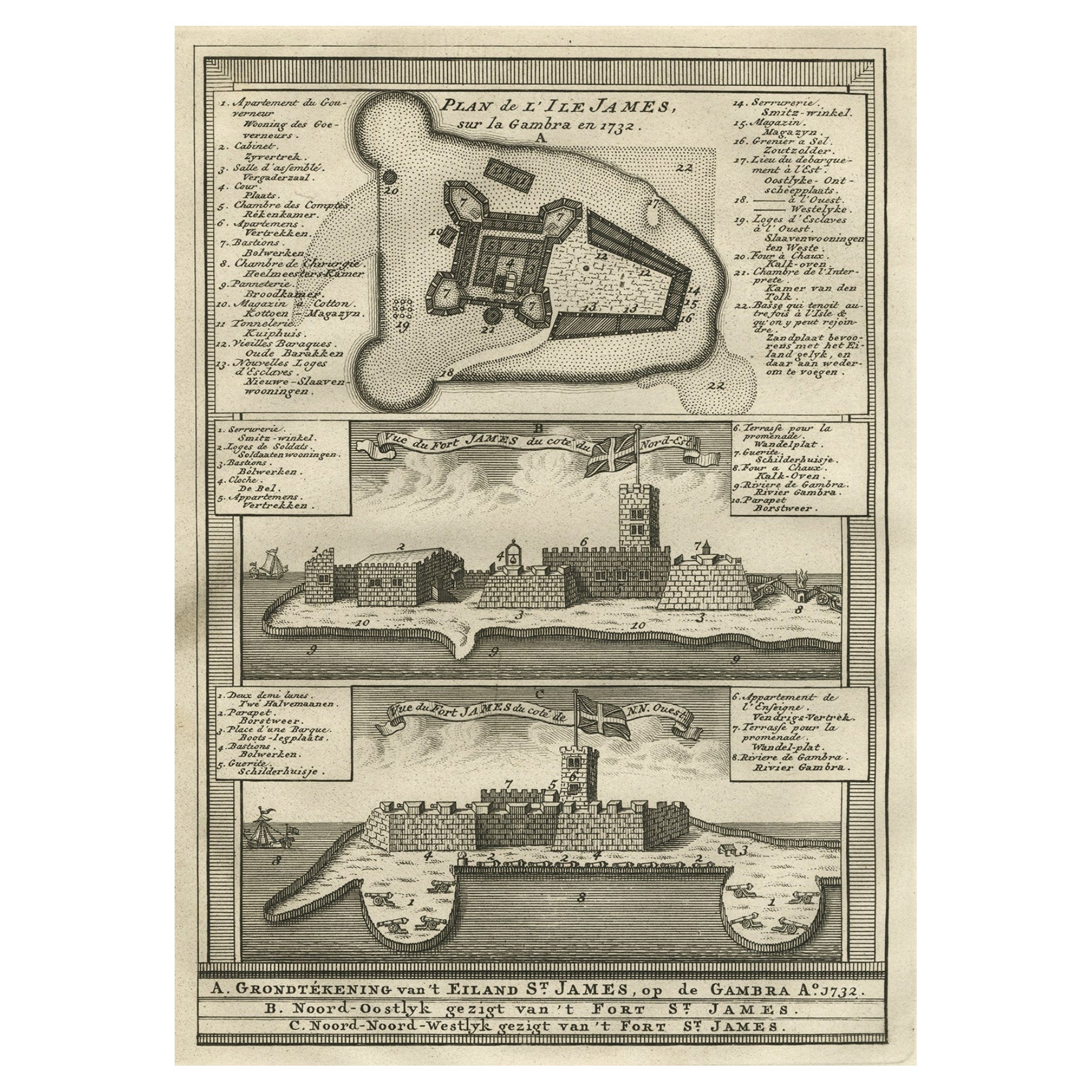 Gravure sur plaque de cuivre ancienne de Fort St. James sur le fleuve Gambra, Afrique, vers 1760