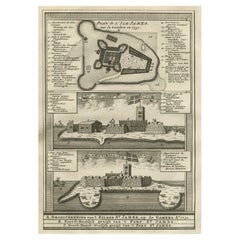 Old Copperplate Engraving of Fort St. James on the Gambra River, Africa, c.1760