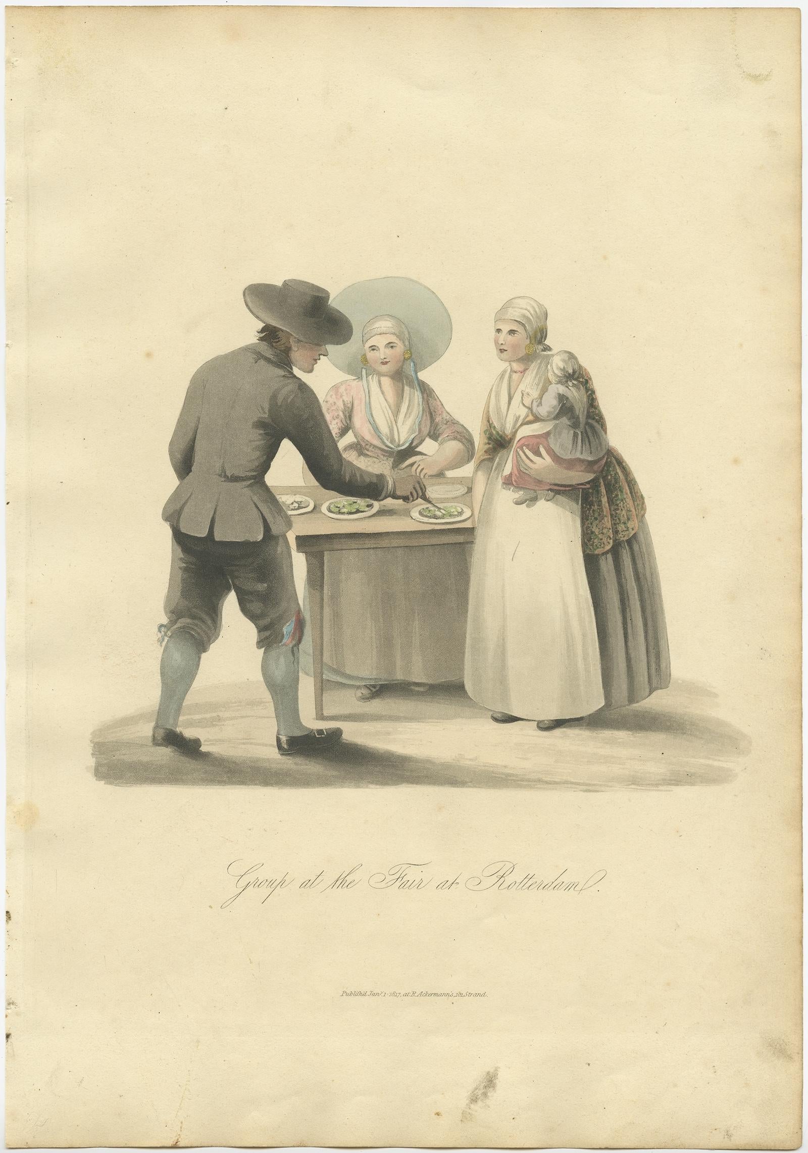 Antique costume print titled 'Group at the Fair at Rotterdam'. 

Old costume print depicting a group of people from Rotterdam. This print originates from 'The Costume of the Netherlands displayed in thirty coloured engravings'. 

Artists and