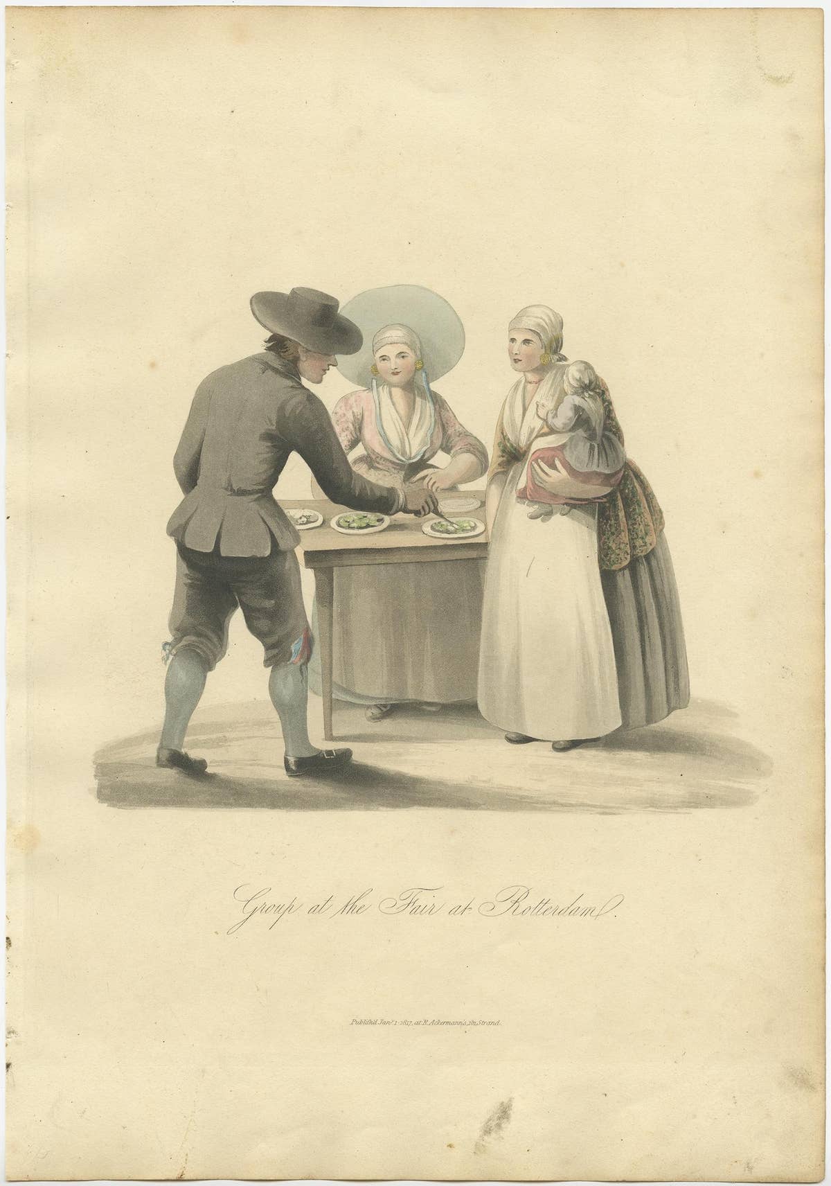 Old Costume Print Showing People at the Fair in Rotterdam, The Netherlands, 1817