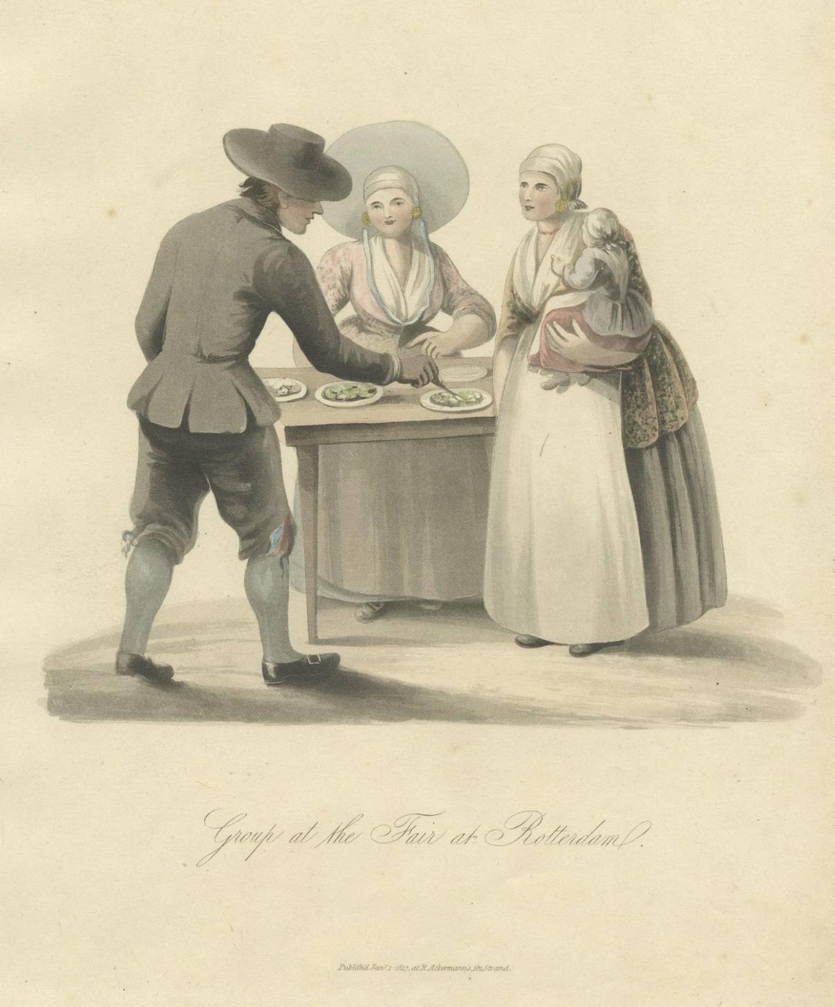 Old Costume Print Showing People at the Fair in Rotterdam, The Netherlands, 1817