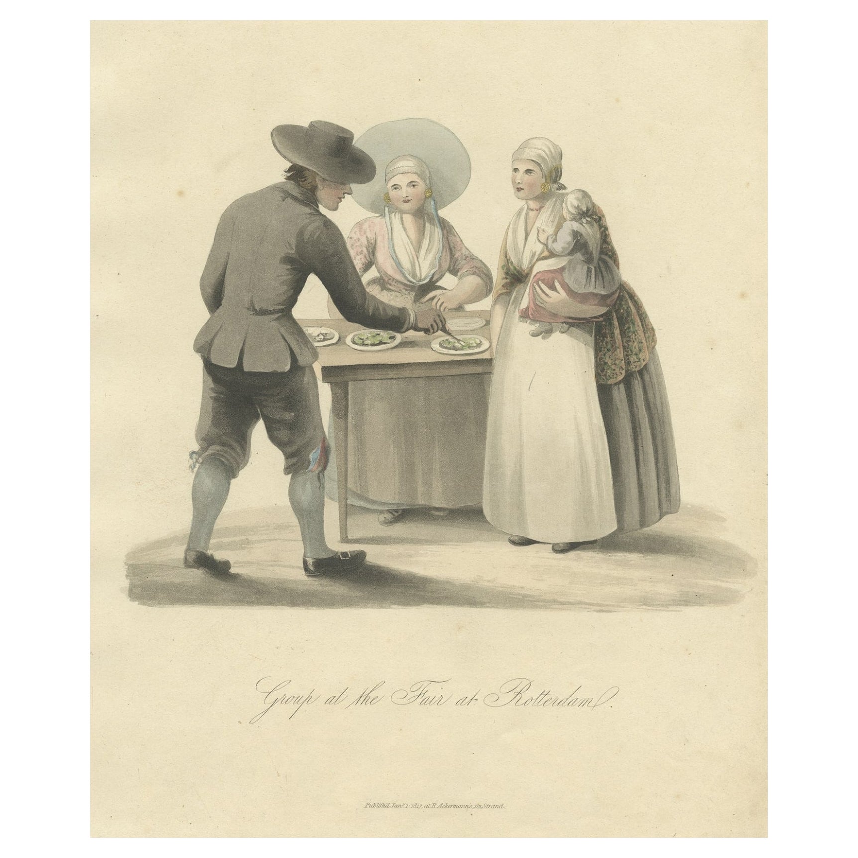 Ancienne estampe de costumes présentant des personnes à l'exposition de Rotterdam, Pays-Bas, 1817