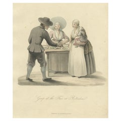 Ancienne estampe de costumes présentant des personnes à l'exposition de Rotterdam, Pays-Bas, 1817