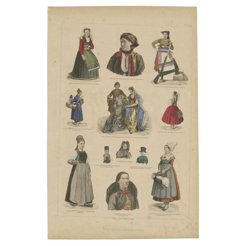 Antique costume print including many different costumes including costumes of Italy, Sweden, Russia and others. This print originates from 'Blätter fürcostumekunde. Historical and folk costumes based on authentic sources. Engraved in steel by