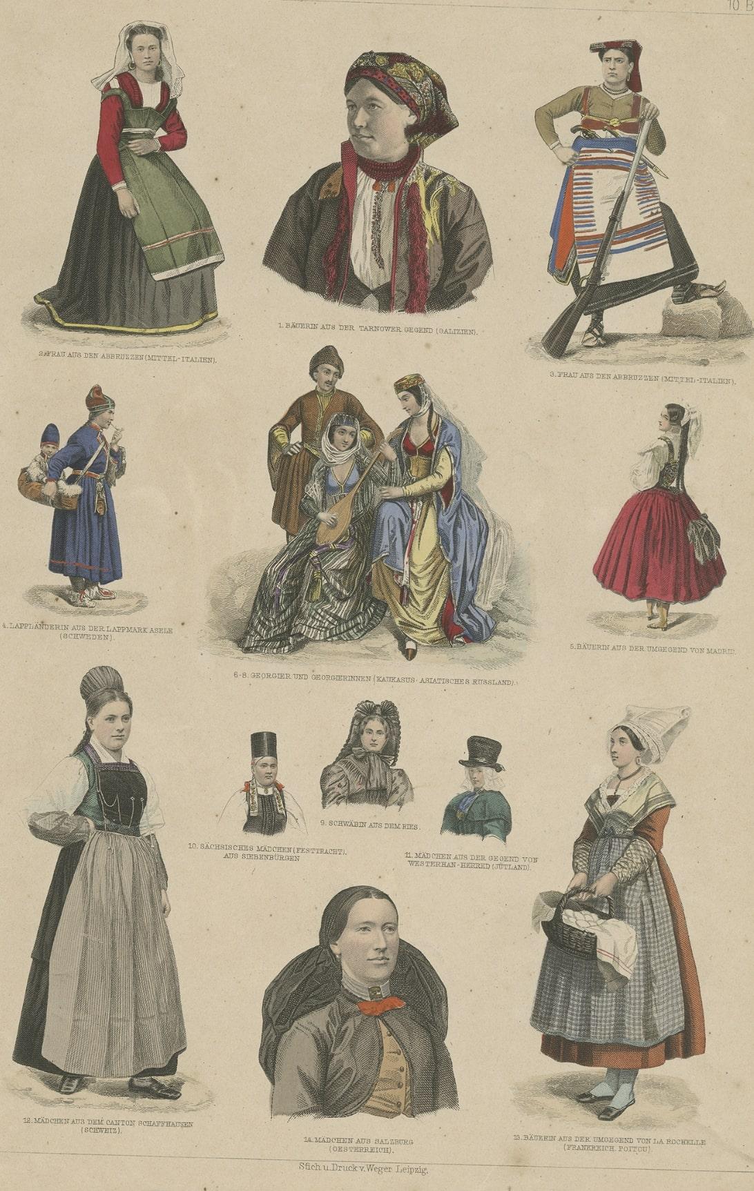 Old Costume Prints of Russia, Italy, France, Jutland, Spain, Austria, Etc., 1875 For Sale