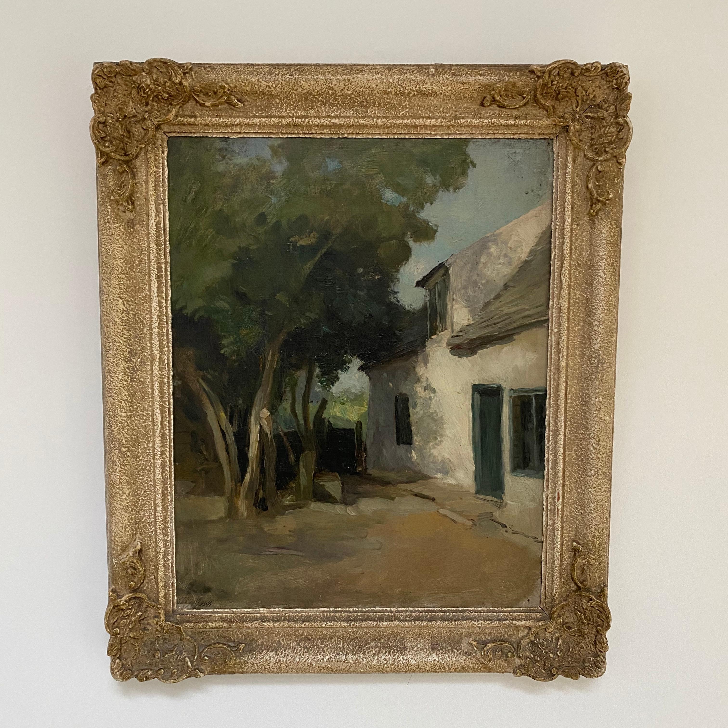 A really lovely painting by one of the country’s greatest Botanical artists Henry George Moon. The crumbly old white washed cottage walls with the dappled sun drawing the viewers’ attention to the door, sloping roof and upper window. The shadow cast