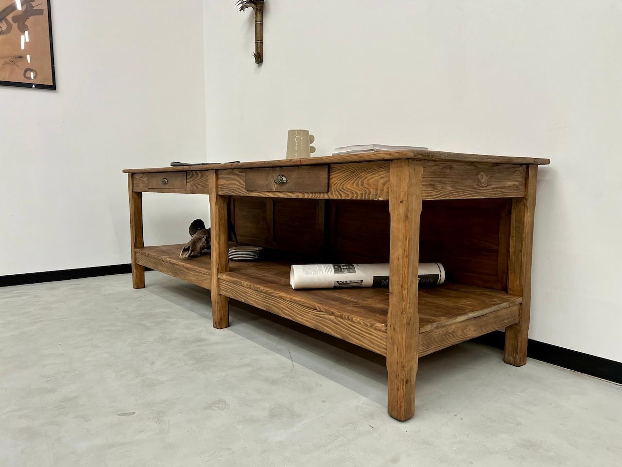 Pine Old counter, french drapery table from the 50s For Sale