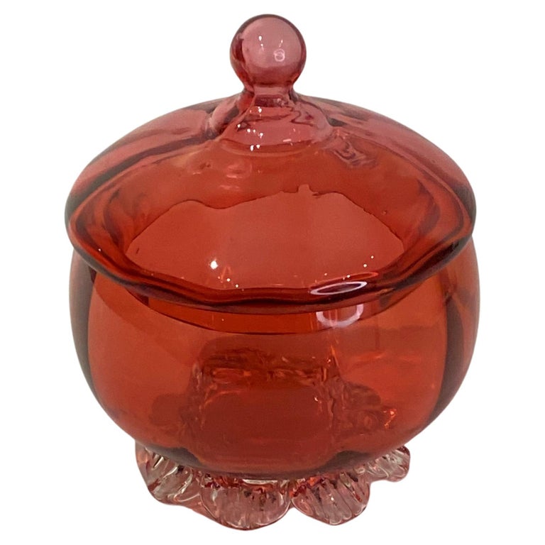 Hand blown Orange Glass pedestal dish w/ clear glass base (signed) (BG) Hand blown Orange Glass pedestal dish w/ clear glass base (signed) (BG)