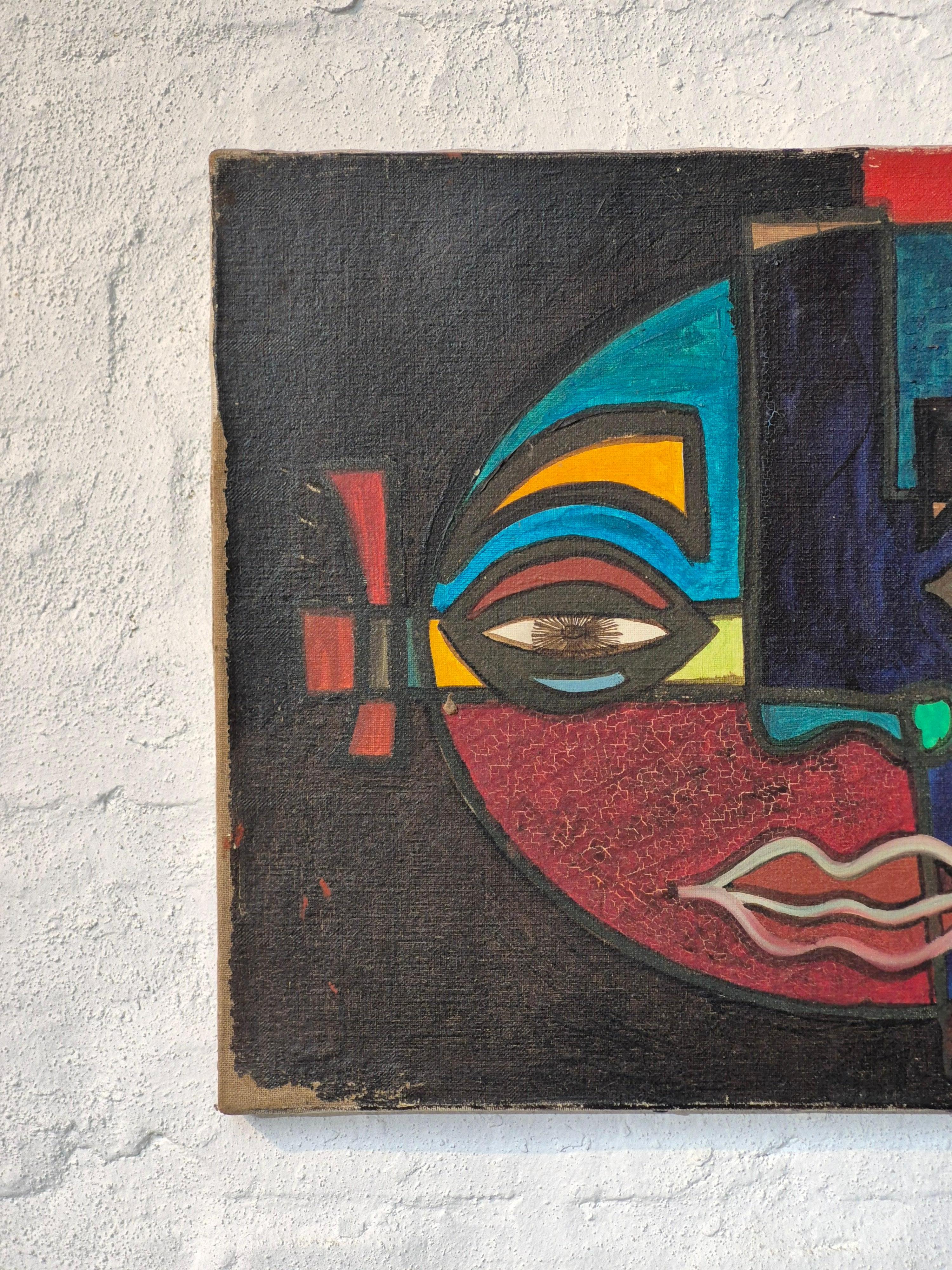 Old cubist 'face' painting, acryl on canvas. France 1960' s, signed but unreadable. In very good condition with some traces of time.
